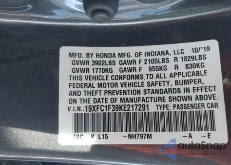 2019 Honda Civic Ex z USA, uszkodzony, nr VIN 19XFC1F39KE217291